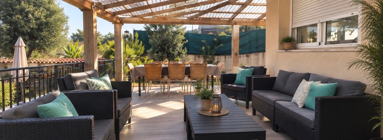 Terrasse couverte avec salon extérieur et coin repas
